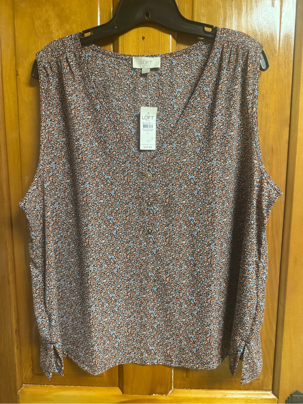LOFT Sleeveless Floral Henley Top - Rust & Blue Microprint